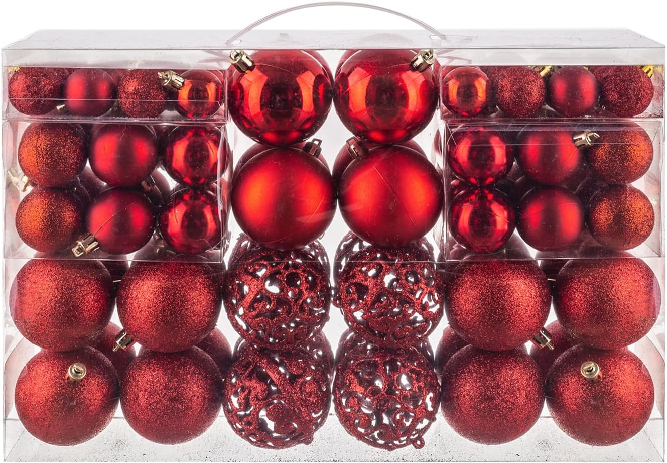 Ornaments - NJN 100pcs Christmas Ball Ornaments, Shatterproof Christmas Ornaments Set with Hand-held Gift Package for Xmas Tree (Red)
