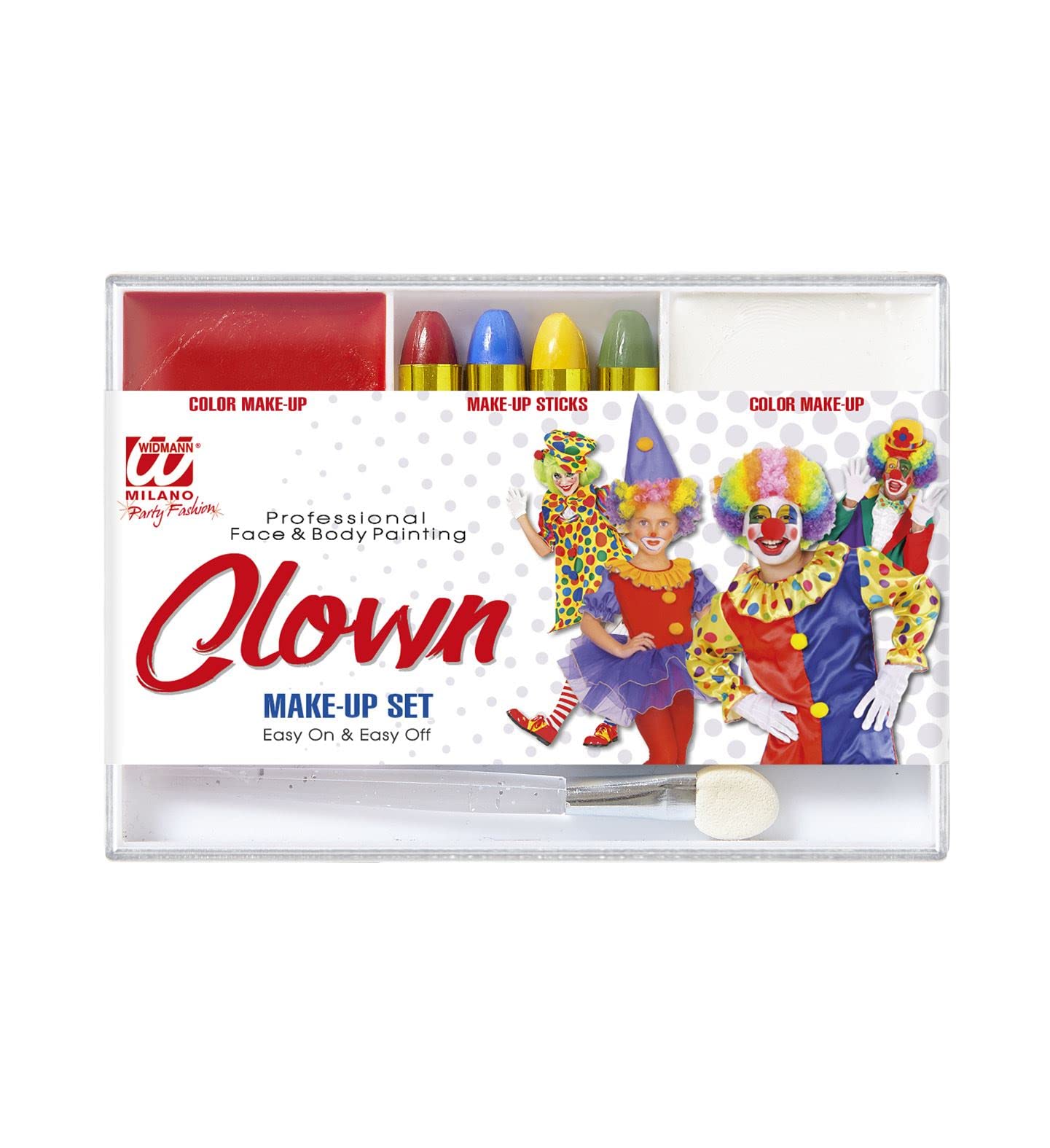 WIDMANN 02404 - Unisex Child Clown Makeup Set, 4 Pencils, Make-Up in Tray, Applicator, Circus, Carnival, Red-White Color