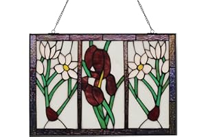 YOURANJU Rectangular Stained Glass Window Hanging Tiffany Style Handmade 16" X 11" Transom Window Panel Housewarming Gift Living Room Bedroom Kitchen Window Decor Hangings with Chain (Tulip)