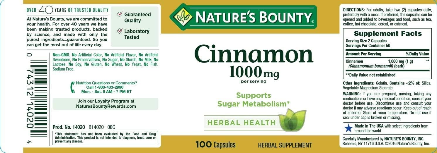Cinnamon by Nature's Bounty, Herbal Supplement, Supports Sugar Metabolism, 1000mg, 100 Capsules (Pack of 3): Health & Personal Care