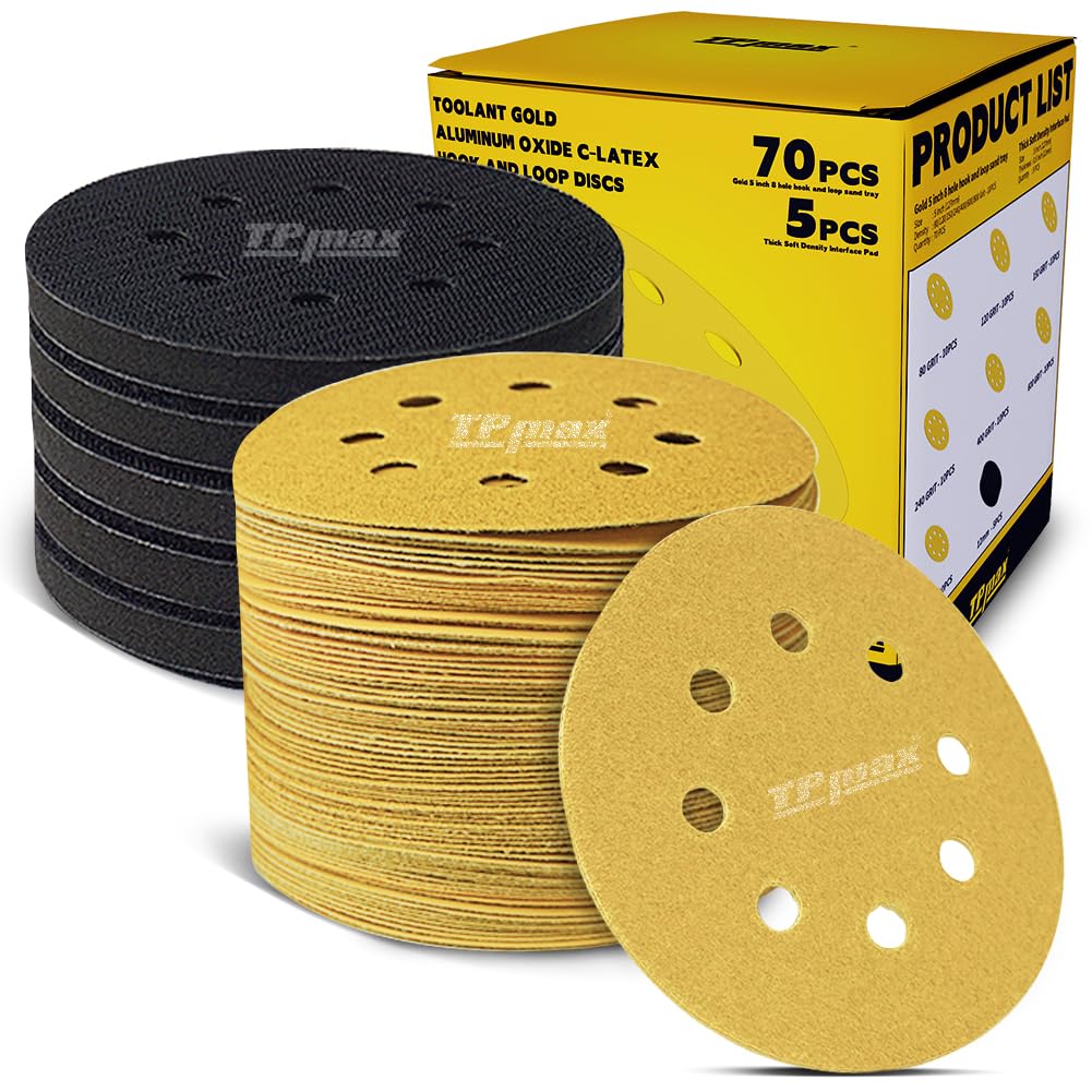 70PCS 125mm 8 Hole Sanding Discs Sandpaper Mixed Grits with 5 Pack Hook and Loop Soft Density Interface Pads for Random Orbital Sander (80, 120, 150, 240, 400, 600, 800 Grit Variety Pack)