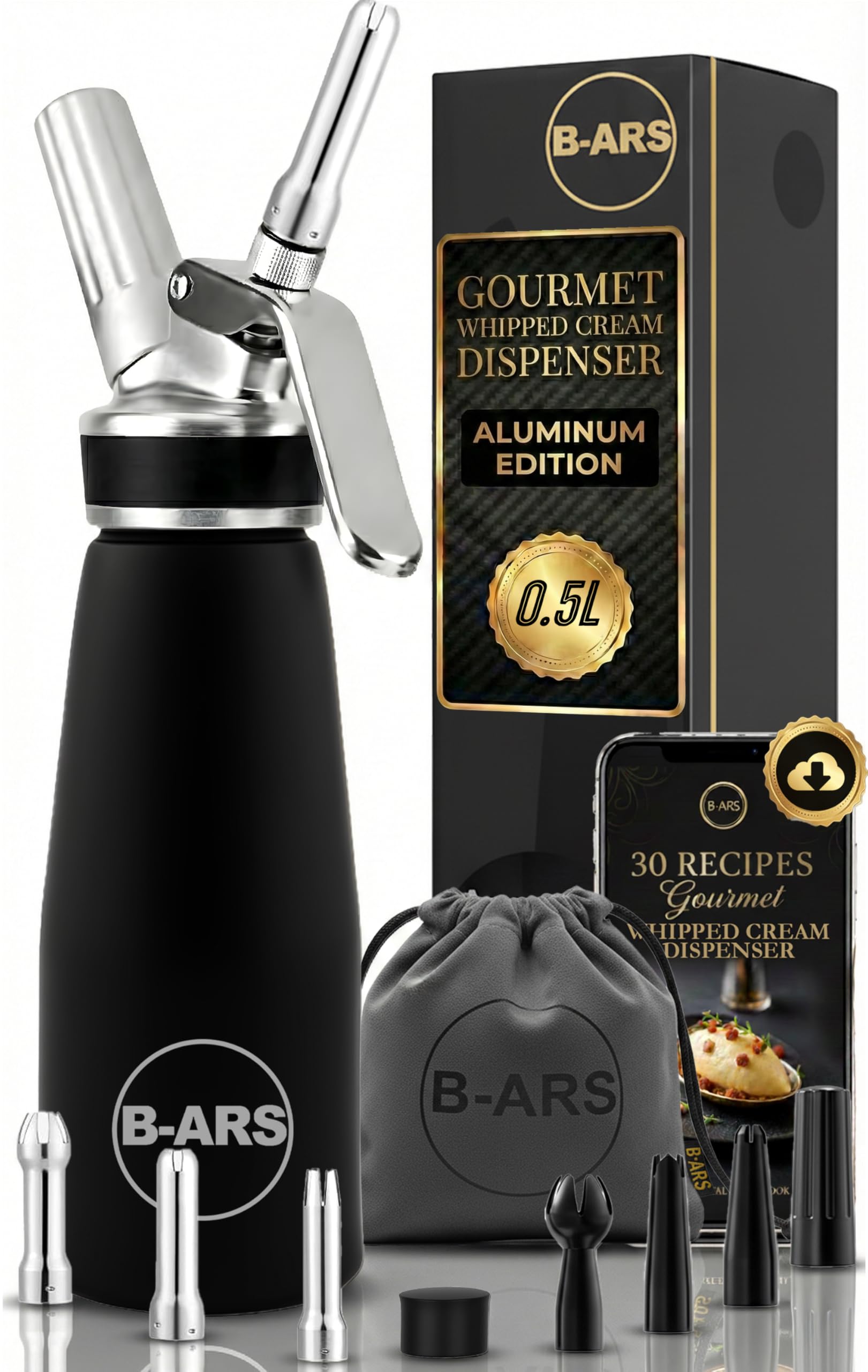 Aluminium Whipped Cream Dispenser 500ml Professional Dessert Siphon Foam Maker with Stainless Steel Nozzles Plastic Tips Cleaning Brush Carry Bag Recipe eBook for Mousse Toppings Home Chefs Gifts