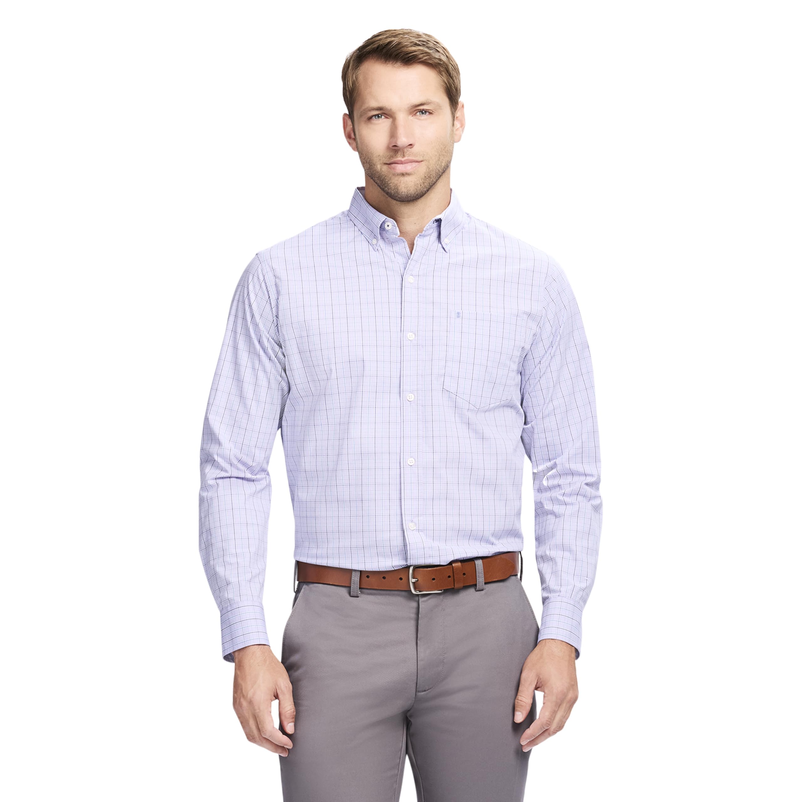 Izod Men's Performance Comfort Long Sleeve Plaid Button Down, Pastel Lilac, Medium Image