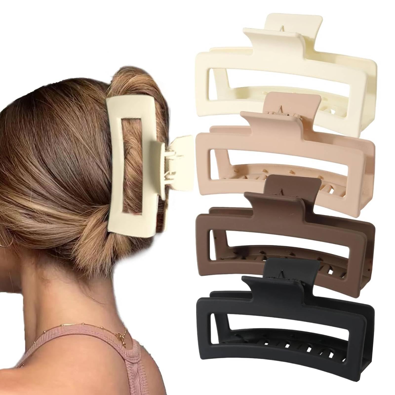 4 PCS Extra Large Claw Clips, 5 Inch Jumbo Large Hair Clips for Thick, Long, Curly Hair, Big Matte Square Hair Clips, Strong Hold XL Oversized Hair Claw Clips for Women Thick Hair