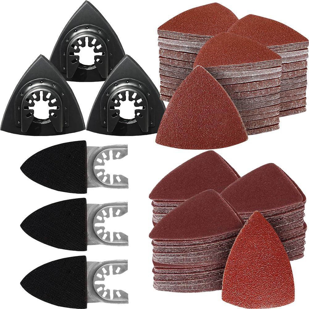 Fowecry 156Pcs Oscillating Tool Sanding Pad Kit Spare Parts 3Pcs Triangle Sanding Pads and 3Pcs Finger Sanding Pad, 150Pcs Sandpaper