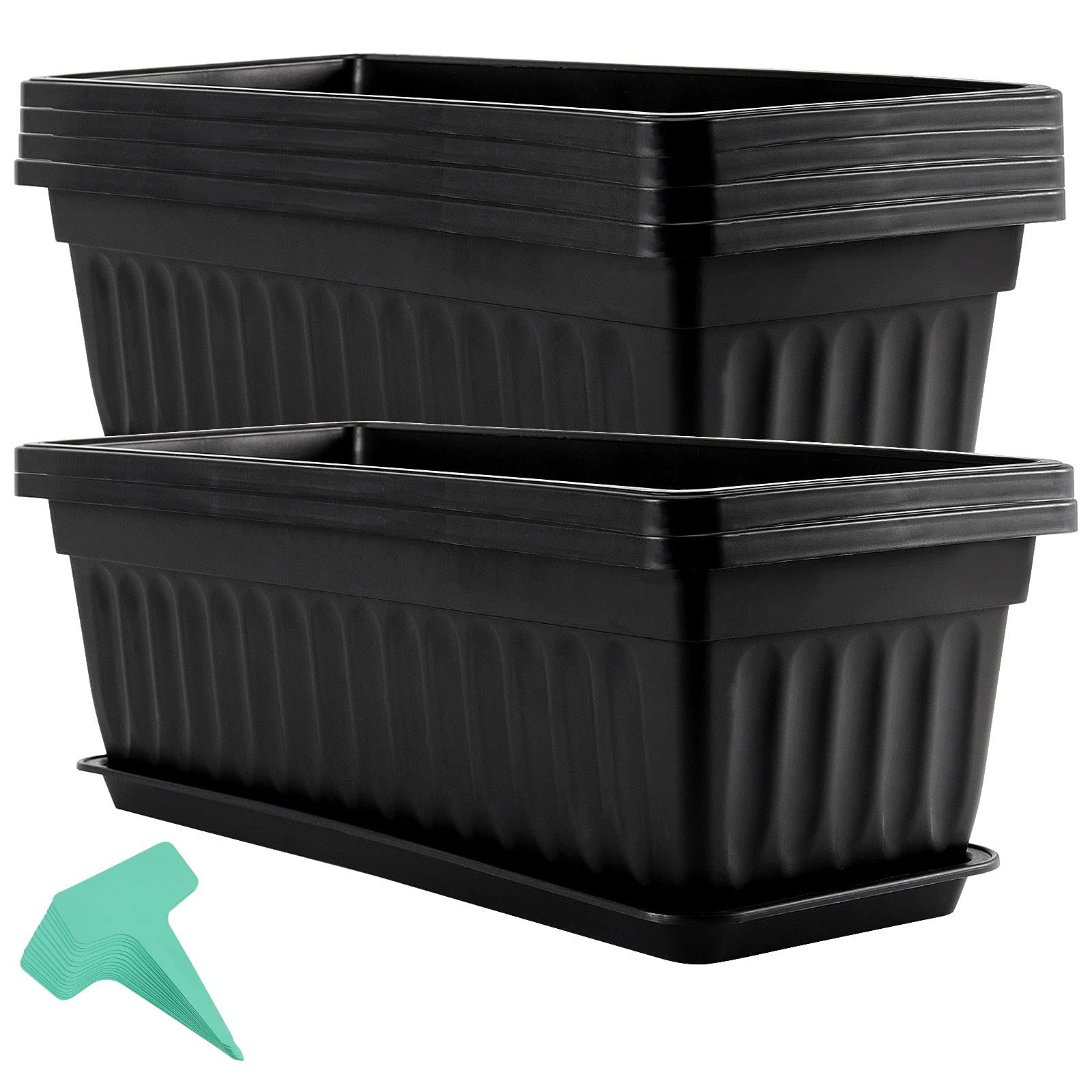 Photo 1 of PINGEUI 6 Pack 17 Inch Flower Window Box, Plastic Rectangular Flower Window Box Planter with 6 Trays and 30 Plant Labels for Balcony, Windowsill, Patio, Garden, Black