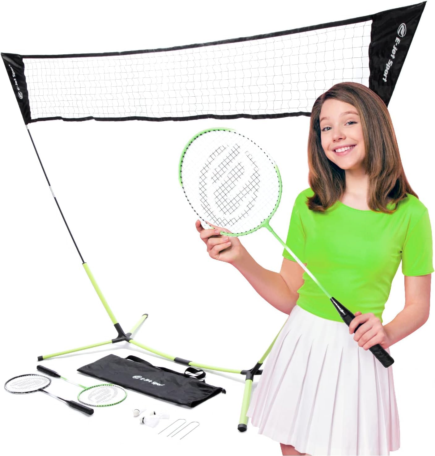 E-Jet Badminton Net Rackets Shuttlecocks Combo Set - Portable & Instant Setup (Backyard Fun, Beach Park Picnic Outdoor Games)