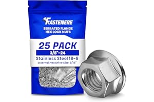 Fastenere Serrated Flange Nuts - 3/8"-24 (25-Pack) Fine, Plain Finish, Stainless Steel 18-8 Hex Lock Hardware Nuts for Industrial & Home Use