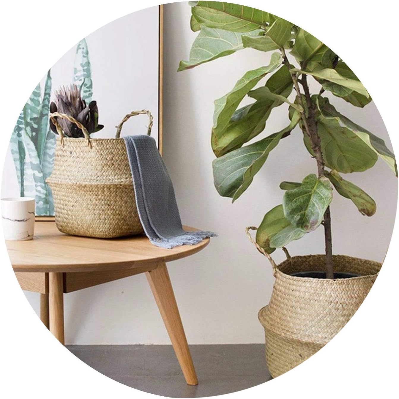 Household Natural Seagrass Wicker Woven Storage Basket Pot Garden Flower Vase Basket for Toy with Handle Storage Bellied Basket,S 22x20cm