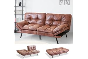 MUUEGM Convertible Futon Sofa Bed Memory Foam Futon Couch Bed Modern Leather Futon Sofa Couch Love Seat Sofa Sleeper Couch for Living Room,Office,Small Space,Adjustable Armrest and Backrest,Brown