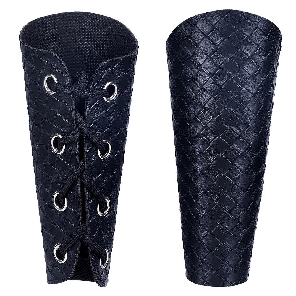 GORGECRAFT 2PCS Medieval Arm Guards Black Leather Gauntlets Wristband Woven Chequered PU Leather Archery Bracers Adjustable Arm Armor Cuff for Halloween Outdoor Gothic Role-Playing Knight Costumes