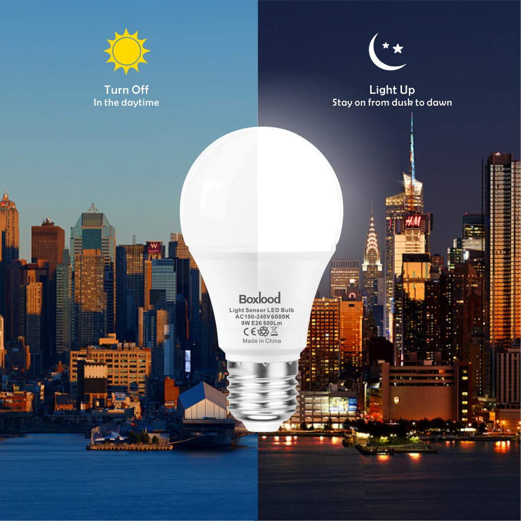 Dusk to Dawn Light Bulbs, E26, 60W Equivalent, AC100-240V, 6000K Cool White Auto On/Off Indoor/Outdoor Sensor LED Bulb by Boxlood (4 Pack)