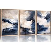 HLNIUC Blue Beige Abstract Wall Art Set of 3(24x36), Navy Brush Stroke Modern Art Decor, Earth Tone Minimalist Shape Framed Painting, Rust Dusty Neutral Prints for Living Room, Bedroom, Office