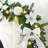 Syhood 6.5 ft Pre-lit Wedding Garland with 40 LED Light Battery Operated Lighted, Large Poinsettia Bow Christmas Norfolk Pine Garlands for DIY Wedding Fireplace Stair White Valentine Decor(White)