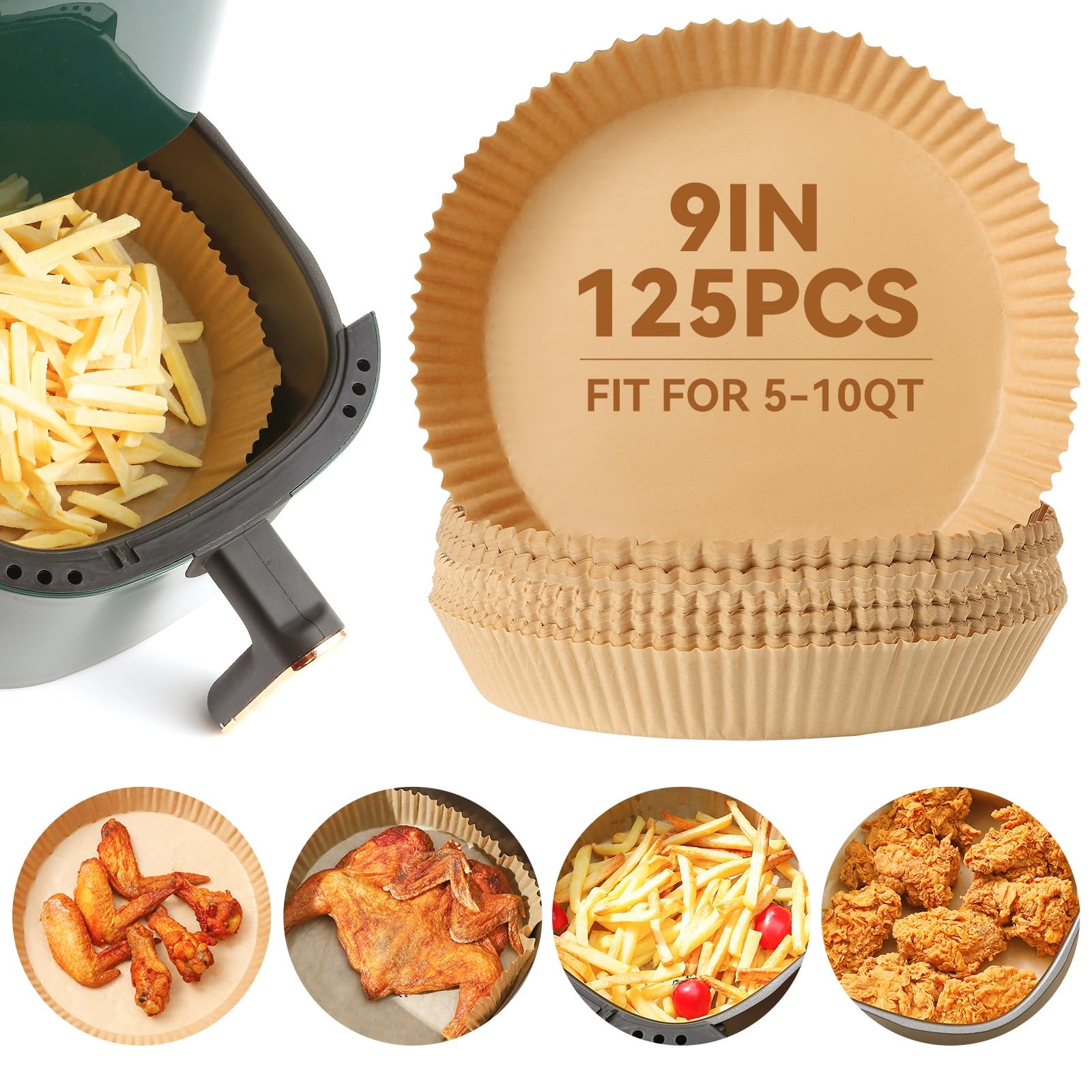 Air Fryer Liners Disposable, Parchment Paper for Baking 9inch Round, 125pcs Non-Stick Parchment Sheets for Air Fryer Basket, Microwave, Oil-proof and Water-proof for Easy Cleanup