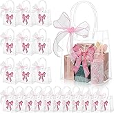 Oqqlin 24 Pcs Pink Bow Clear PVC Gift Bags with Handles, 6.3 x 5.9 x 3.1 Inch Reusable Party Favor Tote Bags with Ribbon for Valentine's Day, Birthdays, Weddings, Bachelorette Parties, Baby Showers