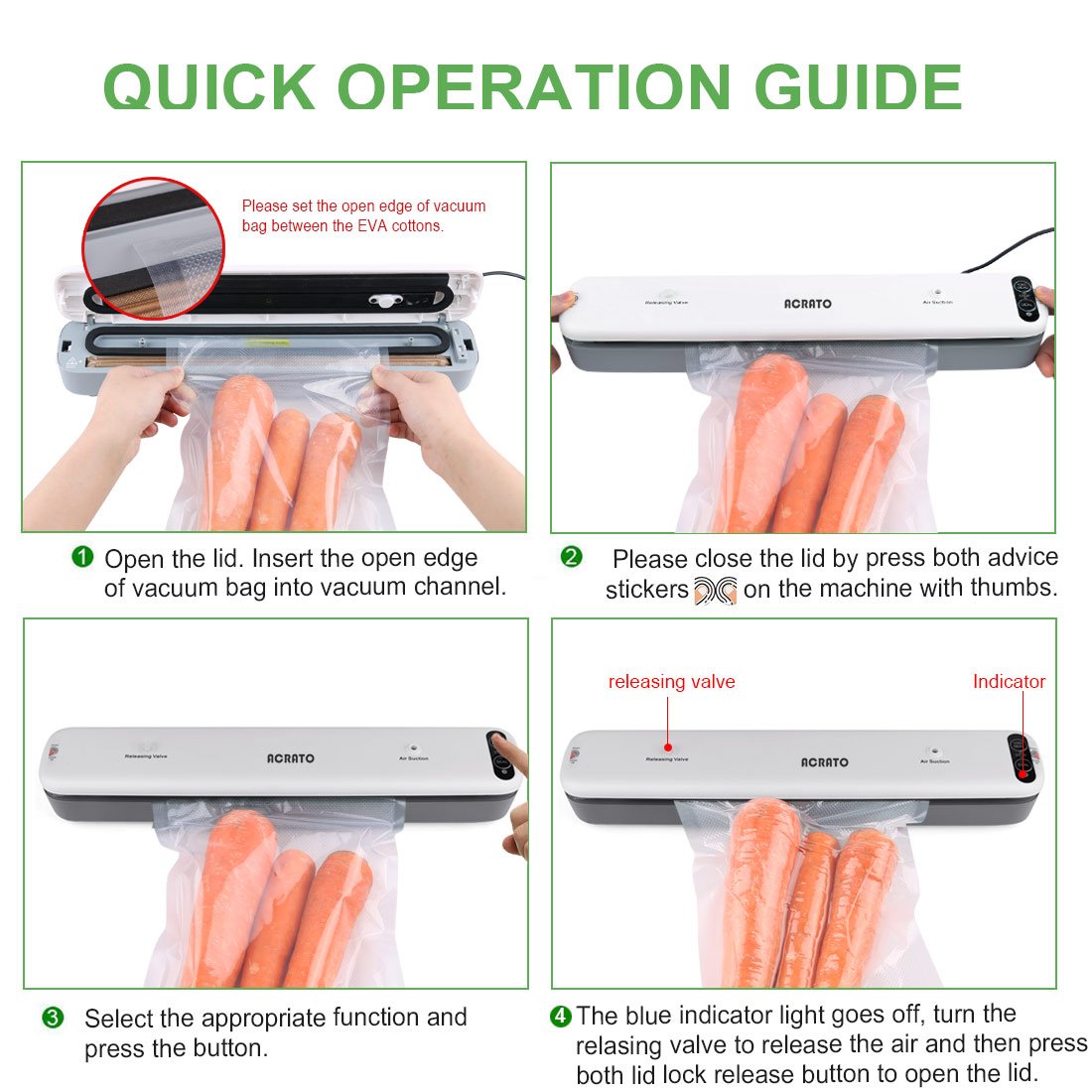 ACRATO VC10 Vakuumiergerät Kompakte Vakuumierer & Folienschweißgerät, 85W Max.30CM Schweißbereite, Absaug- und Schweißautomatik für 10x Frischer Lebensmittel, ink. 5 BAP freie Folienbeuteln Weiß