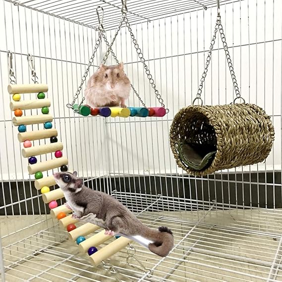 Ewolee Hamster Hanging Toy, 3 Pieces Wooden Hammock Swing Climbing