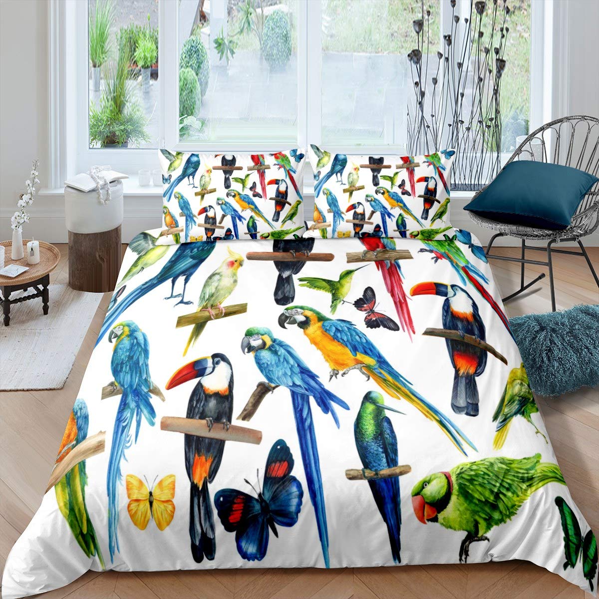 Loussiesd Kids Parrot Bedding Set for Girls Children Colorful Bird Pattern Bed Cover Decorative Tropical Animal Theme Duvet Cover Butterflies Print Bedspread Cover Single Size 2Pcs Bedclothes — image 1