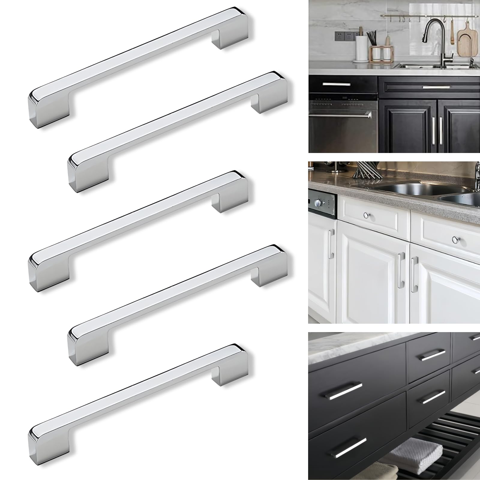 Boxonly 5 Pcs Door Handles, Bright Chrome American Style Zinc Alloy Drawer Cupboard Wardrobe Door Handle, Kitchen Hardware Cabinet Pulls (Hole Centers:160mm)