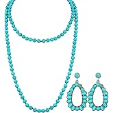 Bonuci Women Necklace Set Long Turquoise Beads Endless Vintage Jewelry Simulated Collar Western Necklace Cute Turquoise Jewelry Earring Accessories