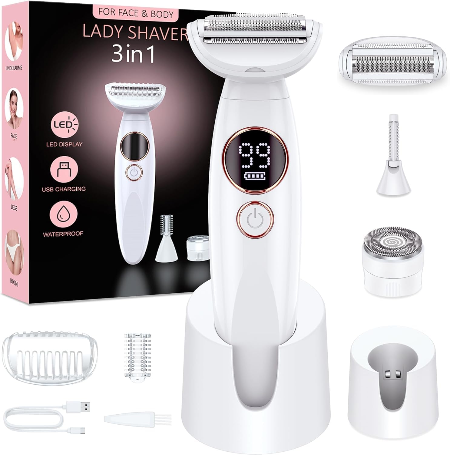 Rasierer Damen,3-In-1 Intimrasierer für Frauen,Gesichtshaarentferner für Frauen,Damenrasierer Elektrisch Nass-Trockenrasierer Ipx7 Wasserdicht Trimmer Damen,für Bikinizone Achseln Beine,USB-Aufladung