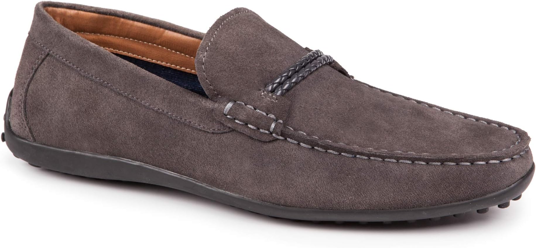 Baldi Men's Ornate Grey Suede Venetians Moccasin Driving Mocs Apron Toe Casual Comfortable Slipon Flat Penny Loafers with Strap Dress Shoes (US 7 / EU 39)