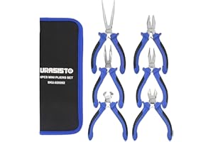 URASISTO 6 pcs Mini Pliers Set - Long, Bent, Needle Nose, Diagonal, End Cut, Combination - Spring Loaded Handle, 5 Inch - Mechanic, Craftsman Basic Tool Kit - Roll Up Carry Bag Included