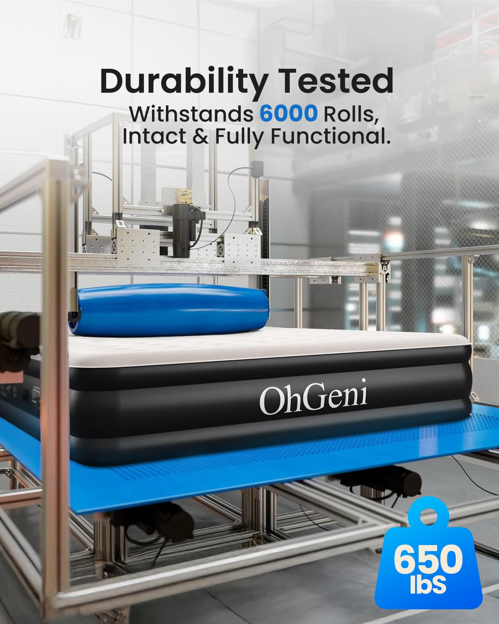 OhGeni Queen Air Mattress with Built in Pump, Inflatable Mattress Blow Up Bed 18 Raised Comfort,Upgraded Surface Portable Mattress, Air Bed for Camping, Home and Guest, Colchone Inflable, 650 lbs Max