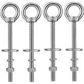 QWETRY M8 Long Stainless Steel Eye Bolts with Nuts 4 Pack, M8 x 100mm (5/16" x 4 inch) Shoulder Lifting Eye Bolt for Swing Board, Heavy Duty Threaded Ring Screw Eyebolts Kits for Tie Down Outdoor