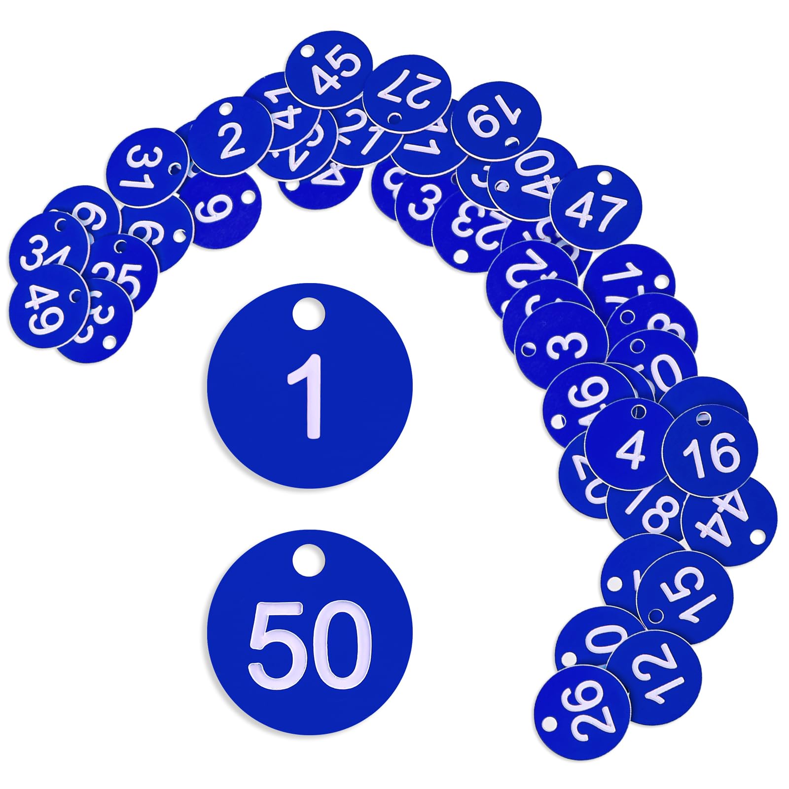 1-50 Plastic ID Number Tags, Colorful Marking, Round Hole Hang Keychain Labels with Blue Key Ring