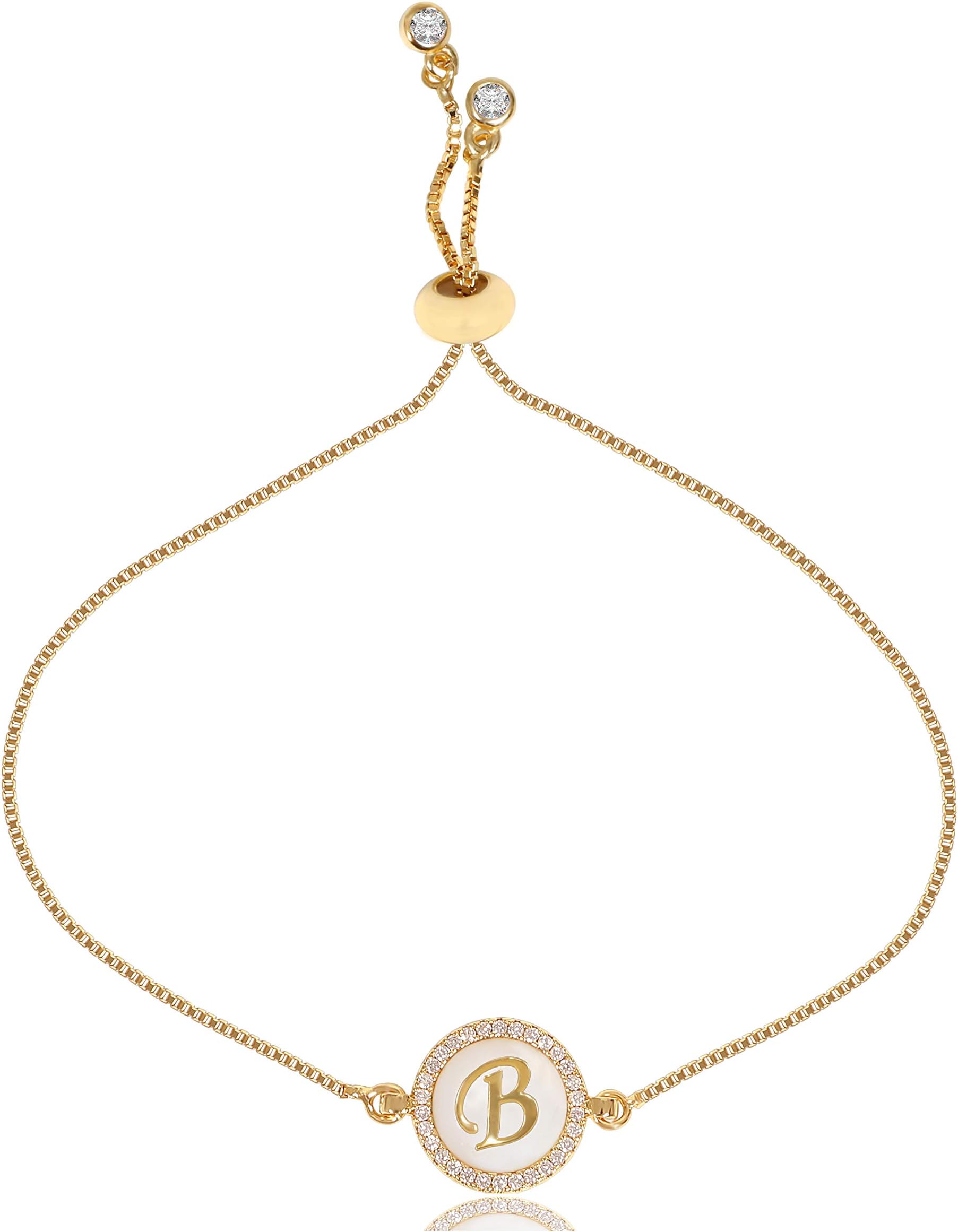 CILILI Design 26 Alphabet A-Z Charms Handmade Initial Round Shell Letters with White Rhinestones Snake Chain Personalised Bracelet for Women Girls Adjustable