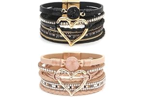COAUXOG 2Pcs Boho Bracelets Woven Leather Multi-Layer Wrap Bracelet Heart Shape Inlaid Rhinestone Stackable Fashion Women Bracelet Jewelry