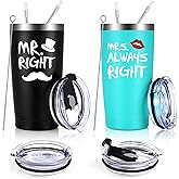Qtencas Mr. Right Mrs. Always Right Travel Tumbler Set, Wedding Engagement Gifts for Husband Wife Newlywed Couples Bride Groom Anniversary, 20oz Stainless Steel Insulated Tumbler, Black and Mint