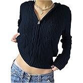 MakeMeChic Women's Cable Knit Cardigan Cropped Hooded Full Zip Long Sleeve Y2k Sweater Coat