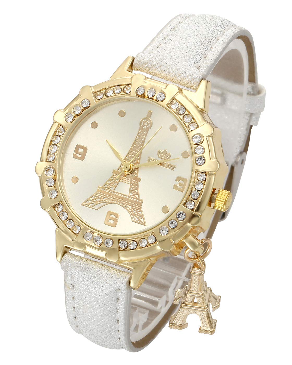 Top Plaza Womens Ladies Fashion Casual Leather Analog Quartz Wrist Watch Unique Tower Pattern Rhinestones Golen Case Dress Watches with Small Tower Charm(White)