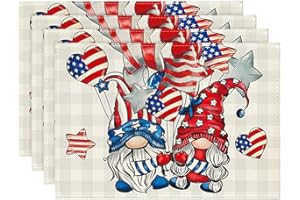Artoid Mode Gnomes Stars Love Heart Buffalo Plaid 4th of July Placemats Set of 4, 12x18 Inch Holiday Table Mats for Party Kitchen Dining Decoration