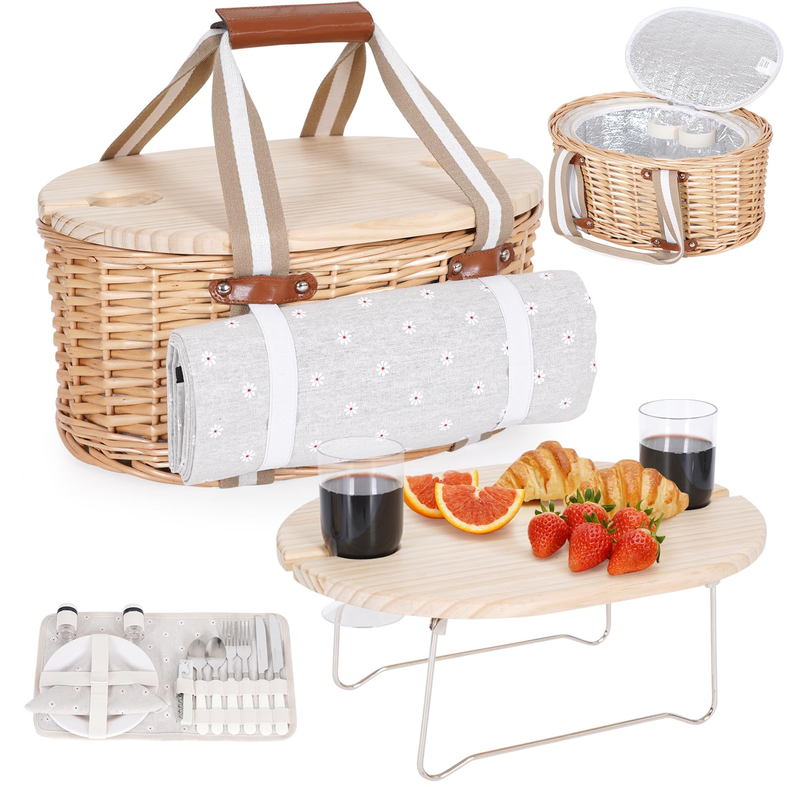 Photo 1 of Zettfuly Picnic Basket Set for 2 - Wicker Insulated Picnic Basket with Waterproof Blanket, Folding Wine Picnic Table & Cutlery Kits, Picnic Baskets Kit for Camping, Outdoor, Valentine (White Flower)