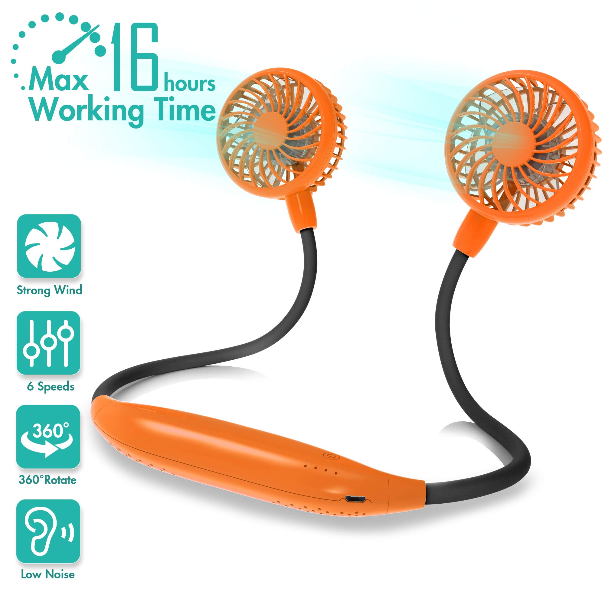 Portable Neck Fan, 2600mAh Battery Operated Ultra Quiet Hands Free USB Fan with 6 Speeds, Strong Wind, 360° Adjustable High Flexibility Wearable Personal Fan for Home Office Outdoor Travel (Orange)