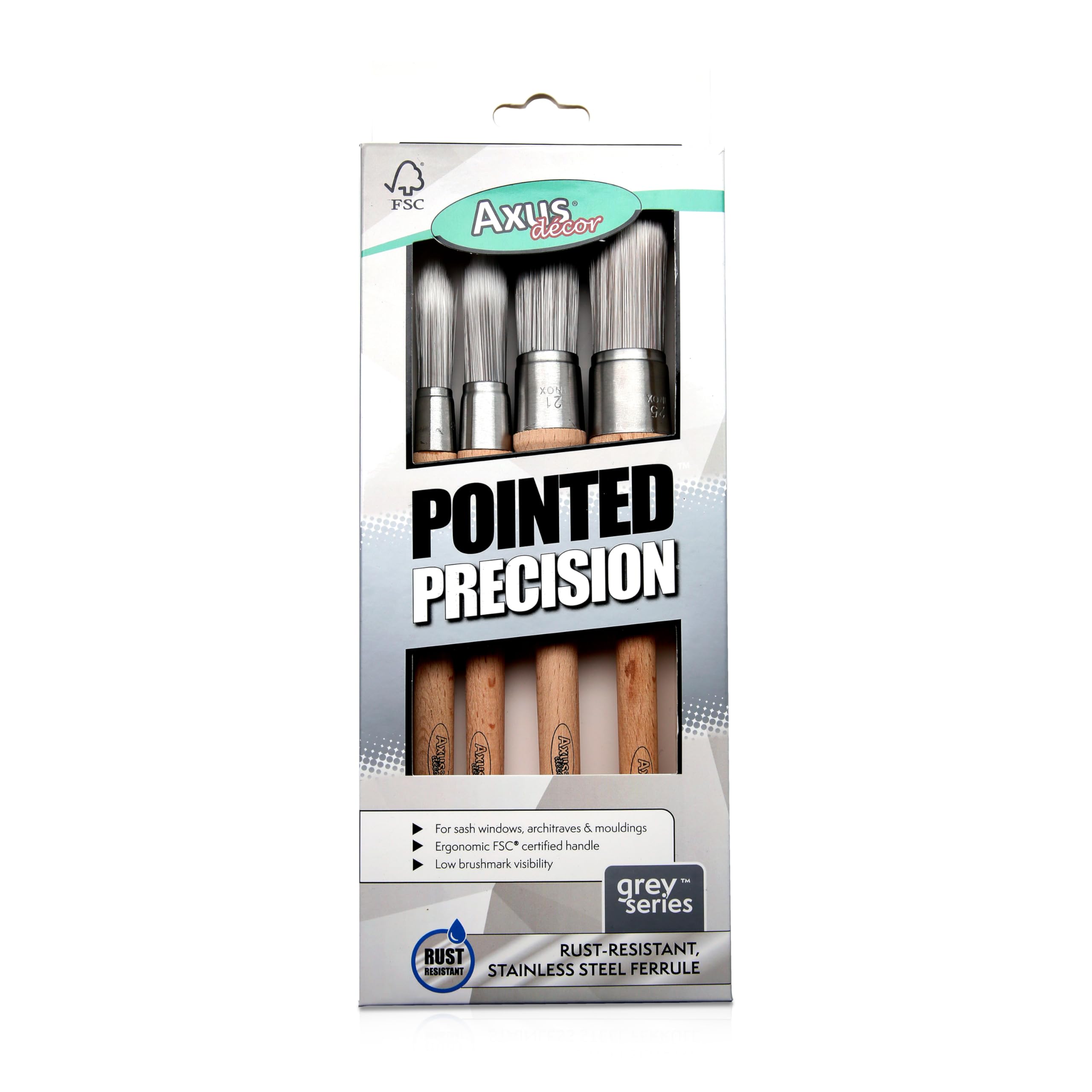 Axus Decor Pointed Precision Brush (Grey Color) Set Of 4 - (12, 15, 20, 25mm) - For All Sash Windows, Architraves & Mouldings, Smooth Finish, Eco-friendly Bamboo Handles, Anti-Rust Stainless Steel