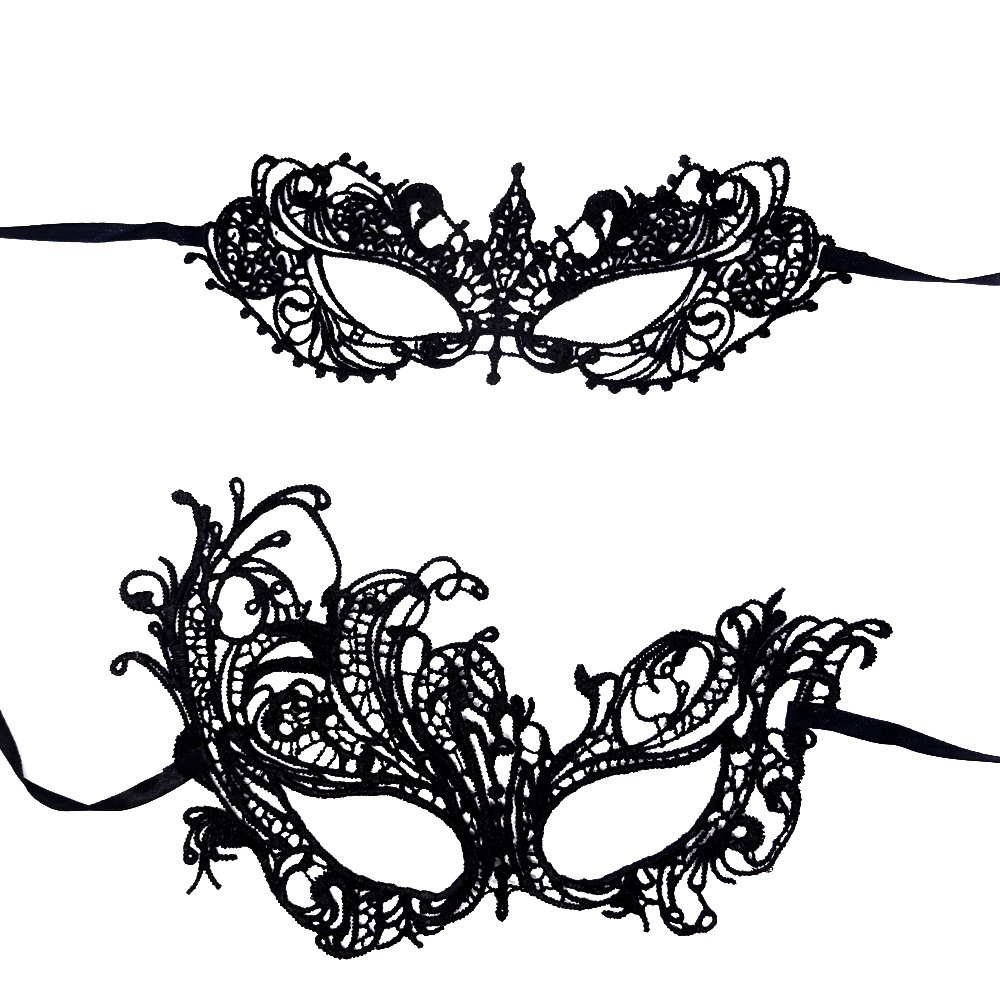Honbay 2PCS Mysterious Fun Lace Masks for Masquerade Proms, Hallowmas Party, Photo Shoot (Black)