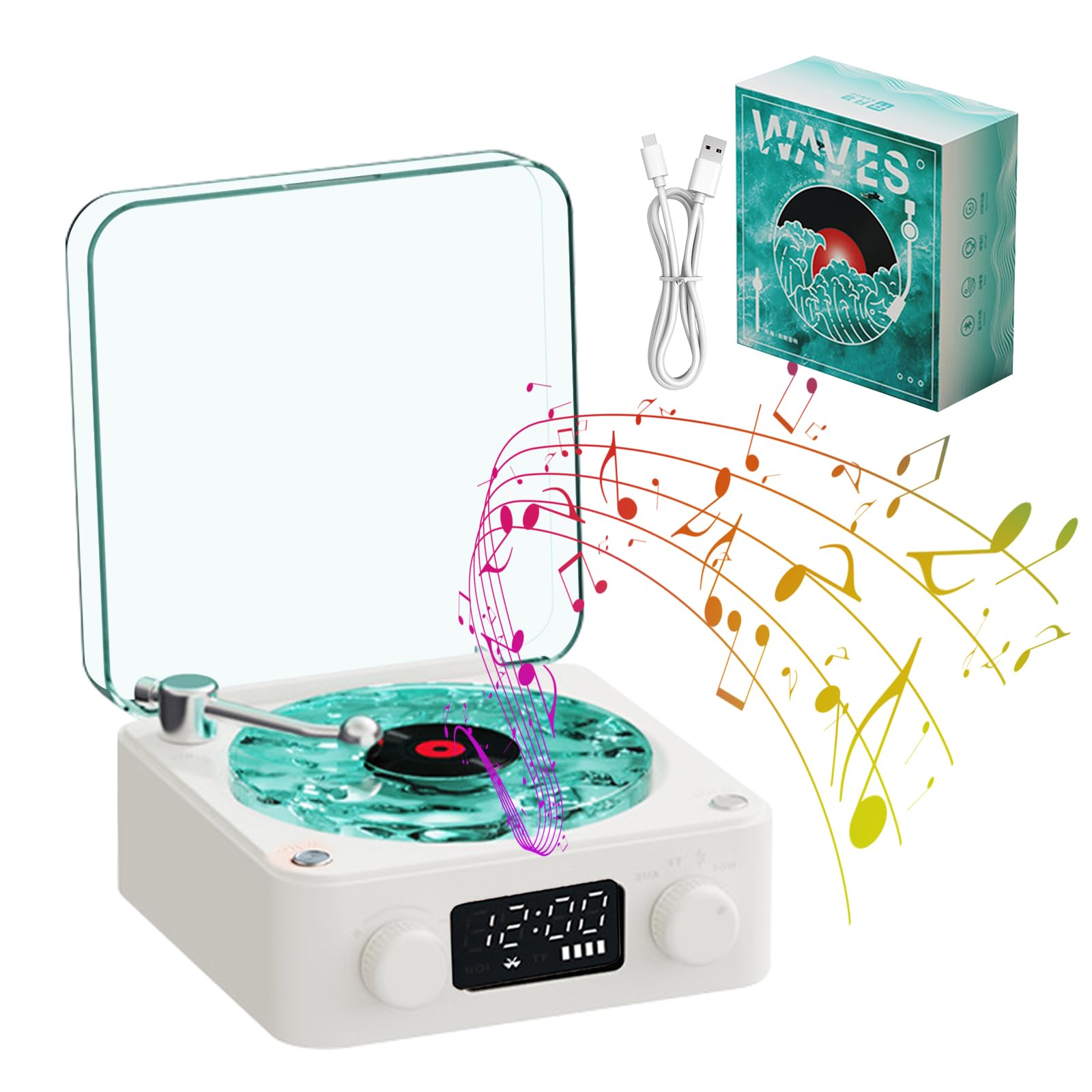 Vinyl Player The Waves Mini Retro White Noise Speaker Portable with 4 Sounds of Nature, Portable Waves Speaker with RGB Light (White)