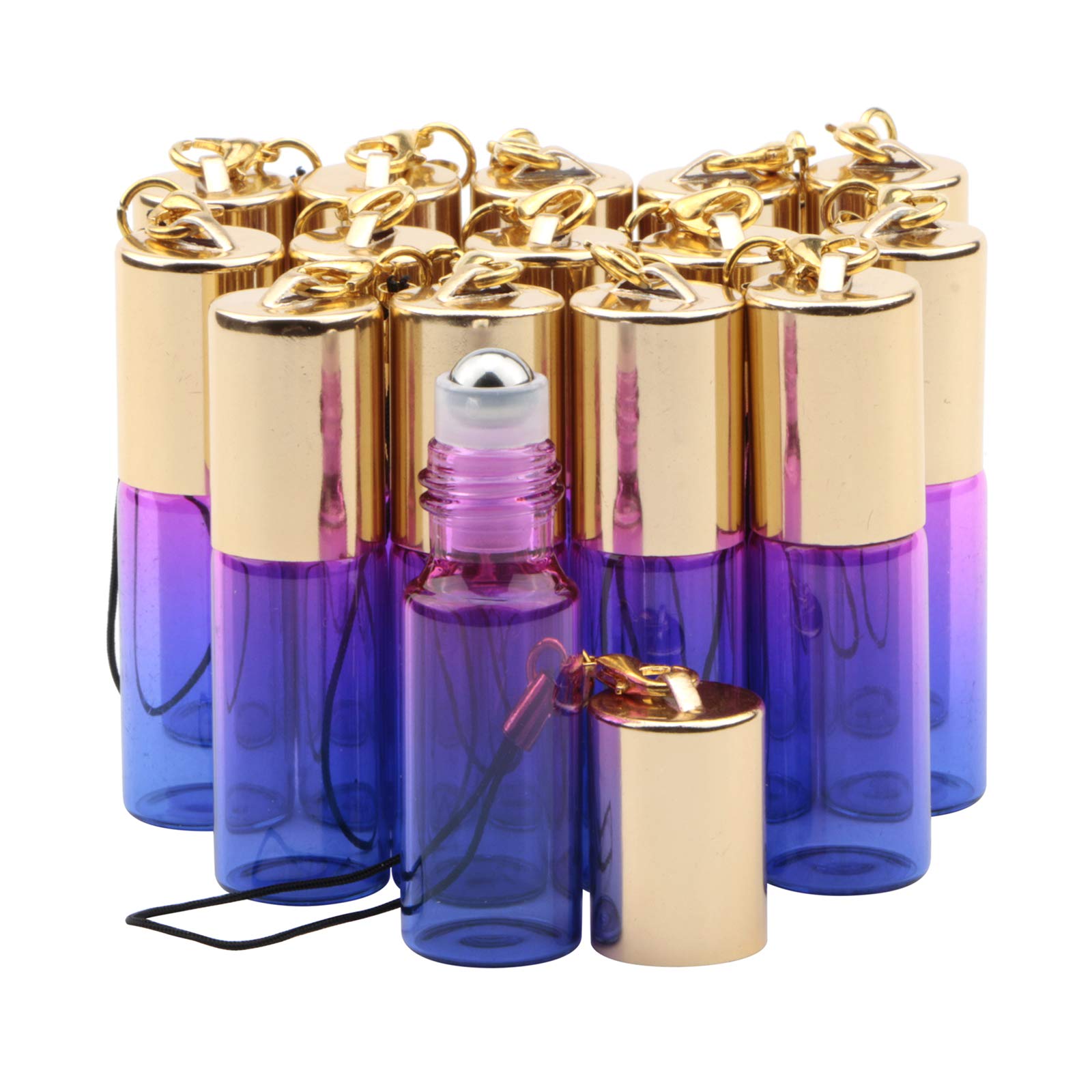 Rowiz 15PCS 5ml Rose Red-Blue Gradient Color Glass Roll on Bottles UV Protection,Empty Sample Vial Essential Oil Glass Bottles with Stainless Steel Roller Balls and Golden Screwcap with Buckle