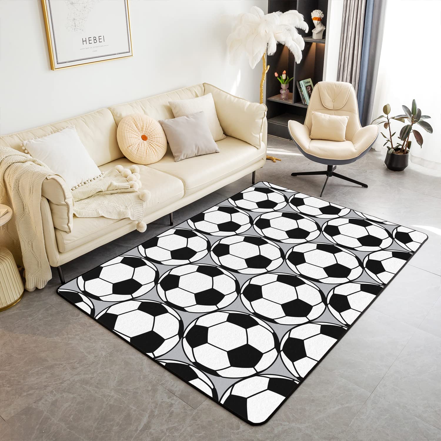 Loussiesd Kids Football Area Rug Soccer Ball Pattern Rugs for Living Room Bedroom Boys Girls Teens Sports Theme Decor Carpet Football Games Floor Mat 150 * 200cm