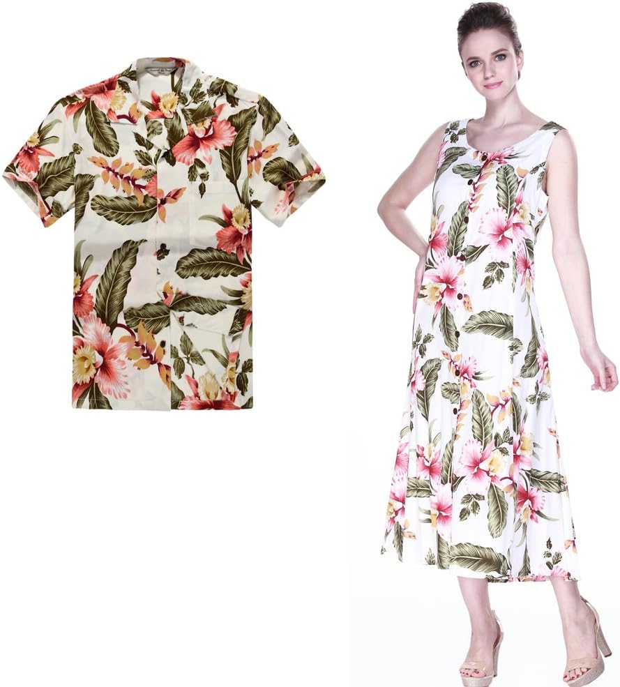Hula Hula Batik Couple Matching Hawaiian Luau Outfit Aloha Shirt Long Indigo Dress in Cream Rafelsia