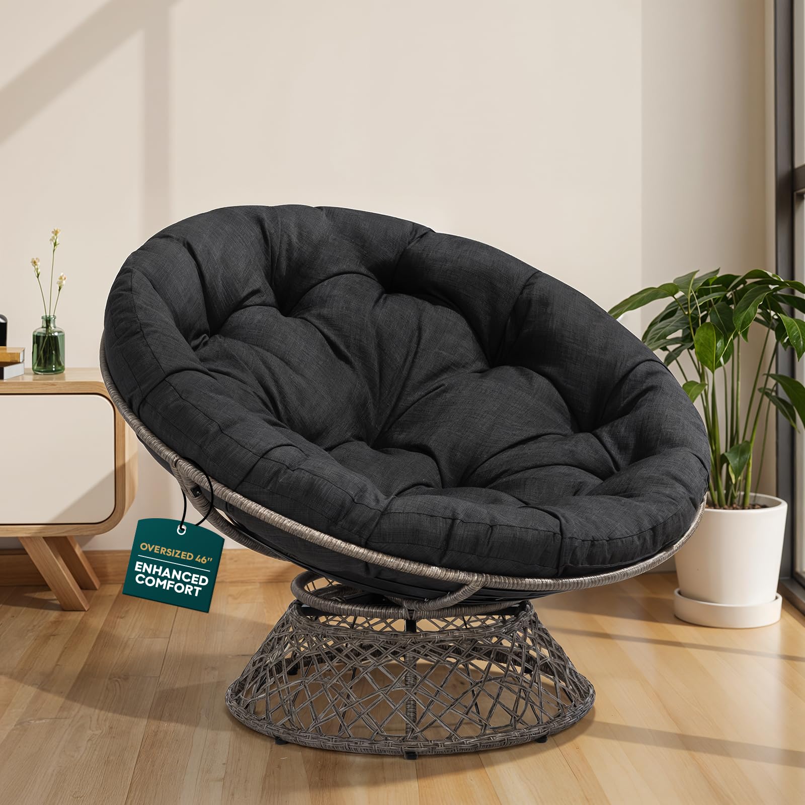 Photo 1 of **JUST THE CUSHION ONLY**Bme Ergonomic Wicker Papasan Chair with Soft Thick Density Fabric, High Capacity Steel, 360 Degree Swivel for Living, Bedroom, Reading Room, Lounge, Black Cushion - Gray Frame