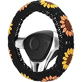 Boho 14-15 in Crochet Steering Wheel Cover Set, Handmade Black Sunflower Granny Square Pattern Car Decor for Women, Hippie Car Accessories