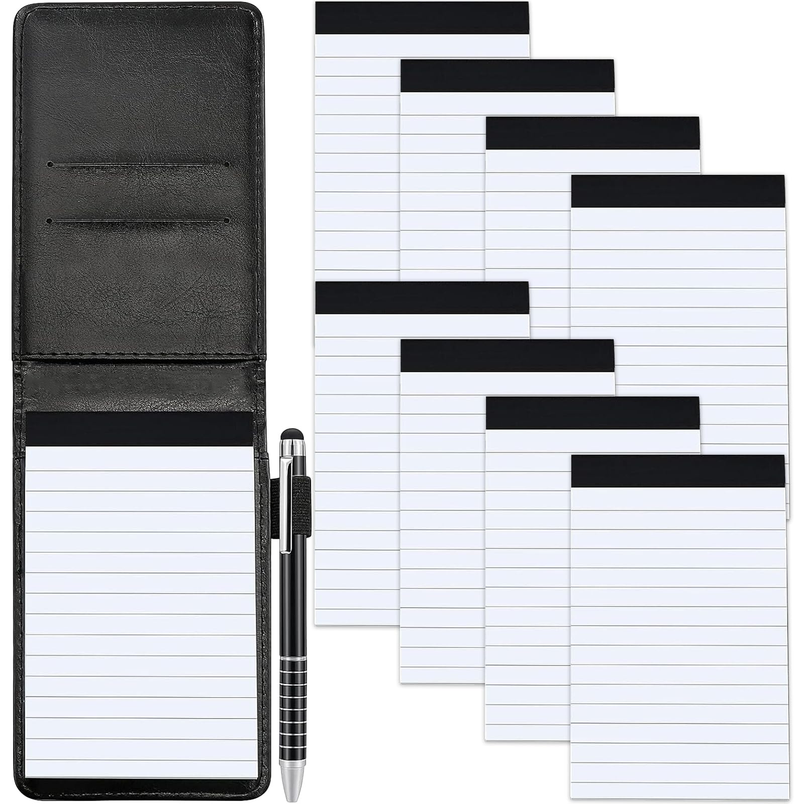 Marte Vanci Pocket Notebook A7 Small Notepads with 50 Sheets Lined Paper, Mini Notebook and Pen Set with 8 Pcs Refills, PU Leather Note Pads for Office School Meeting To Do Lists Memo Journal Black