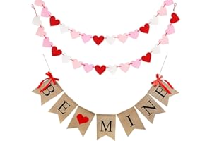 CNVOILA Valentines Decor, Valentines Decorations Burlap Banner, Be Mine Hanging Banner with 28 Pcs Felt Heart Garland