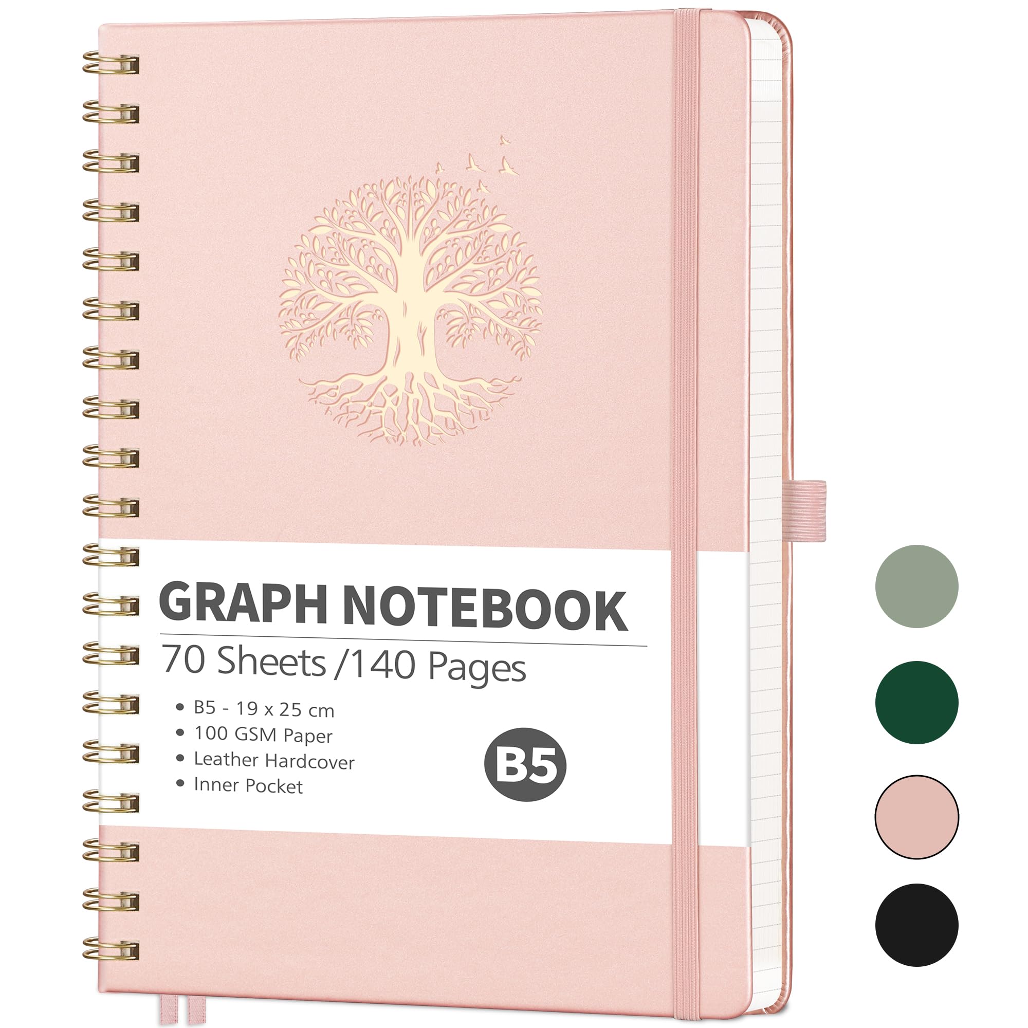RETTACY B5 Notebook-Graph Grid Wirebound Journal,Note Pad for Women Men Work Office School 140 Pages,Bookmark,Pocket,Sticky Notes,Pen Loop,19 x 25 cm - Rosegold